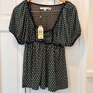 Y2K 90s Studio M Women Green‎ Geometric Empire Waist V-Neck Blouse NWT Size S